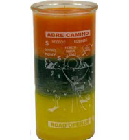 14 DAY CANDLE ROAD OPENER – ORANGE, GREEN & GOLD 4″ Wide and 9″ Tall