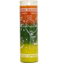 7 DAY CANDLE 3 COLORS ROAD OPENER – ORANGE / GREEN / GOLD 2 1/2″ wide and 8 1/8″ tall